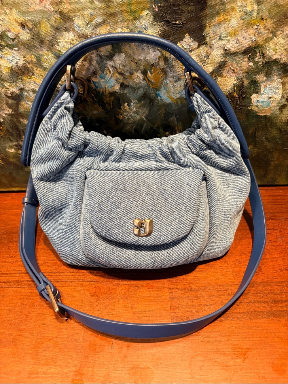 Blue Denim Shoulder Bag with Navy Trim